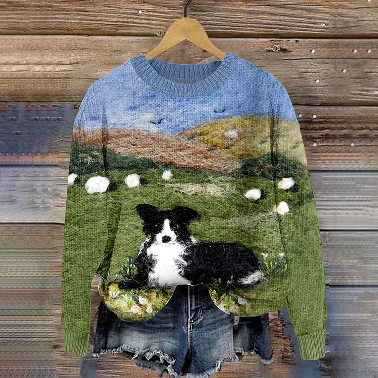 Funny Shepherd Dog And Sheep Wool Felt Cozy Knit Sweater