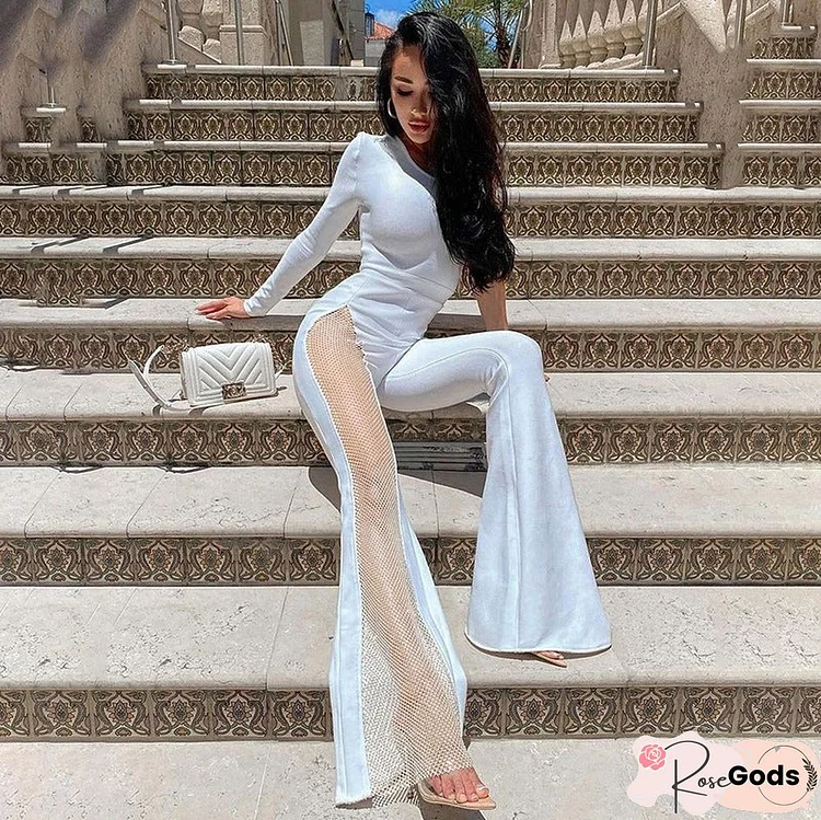 Fashion Solid Color One-Shoulder Mesh Stitching Jumpsuit