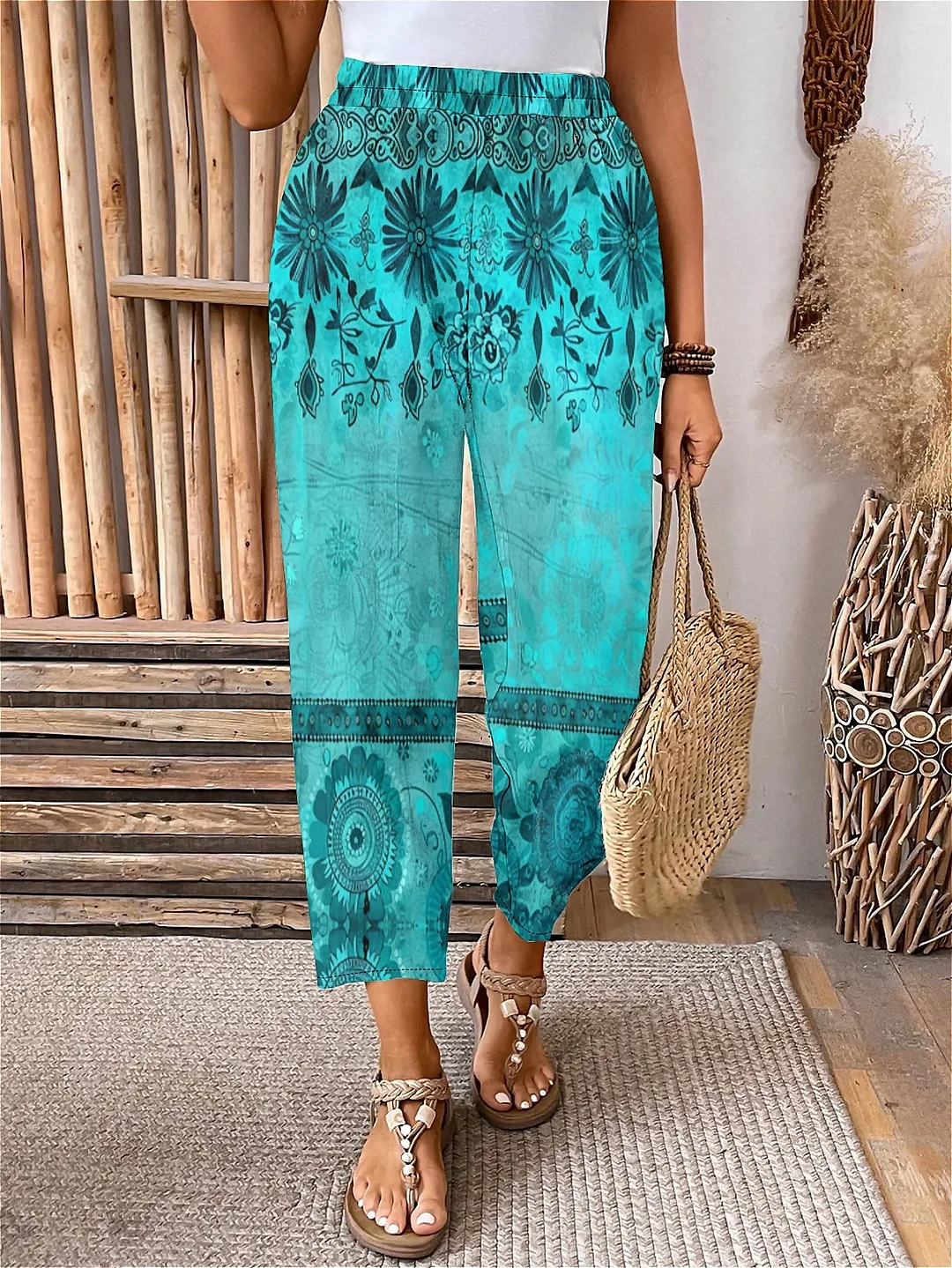 Plus Size Elastic Waist Turquoise,Floral,Bohemian Printed Pants