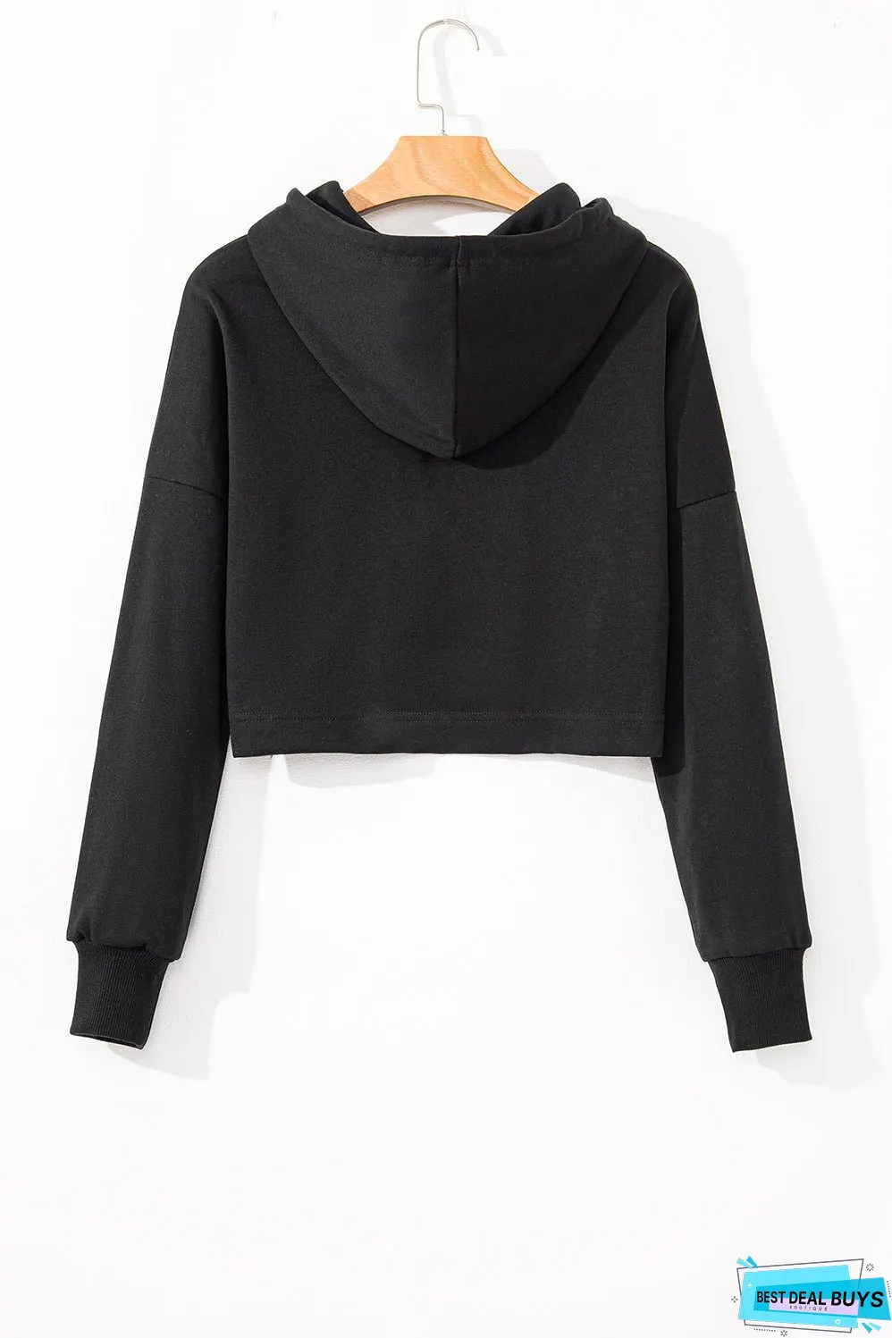 Black Solid Drop Shoulder Drawstring Cropped Hoodie