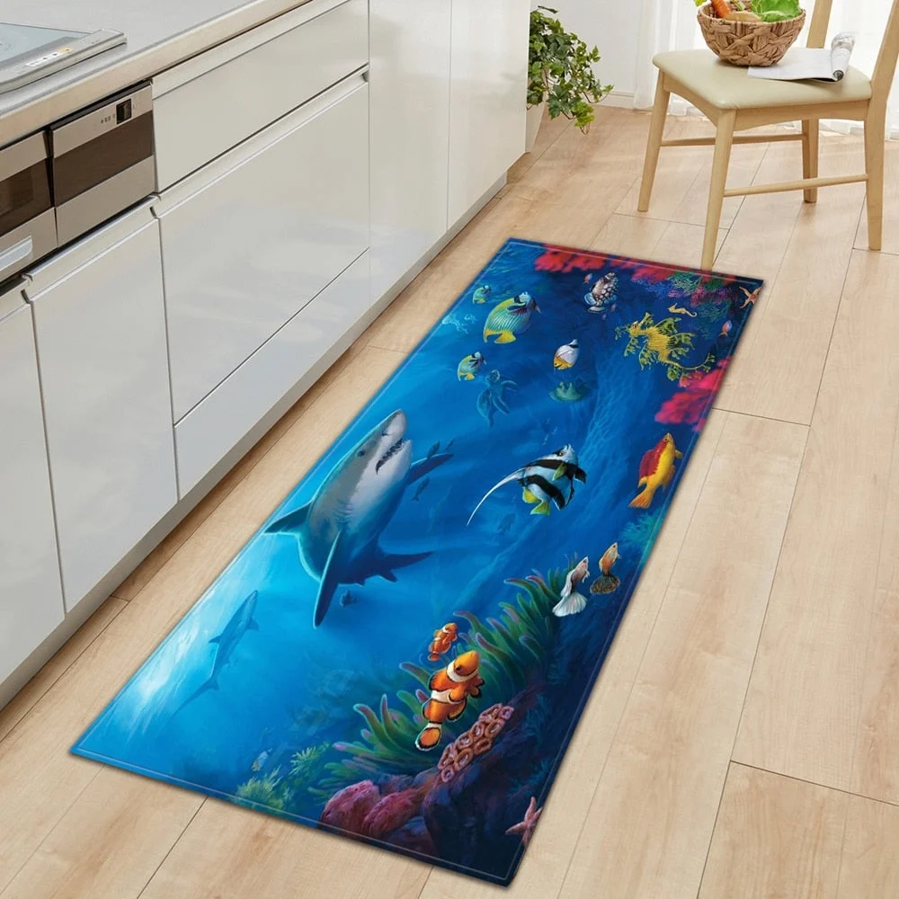3D Ocean World Fish Carpet Kitchen Mat Entrance Doormat Bedroom Home Floor Decoration Living Room Carpet Bathroom Anti-slip Rug