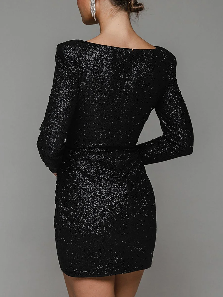 Long-sleeve mini party V-neck dress in sequins