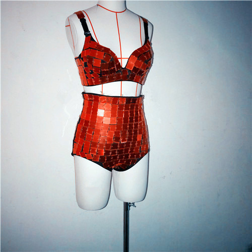 VCSHOES Silver Red Gold Mirror Bra High Waist Shorts 2 Pieces Outfit Bar Club Party DJ Female Singer Team Bikini Set Dance Costumes
