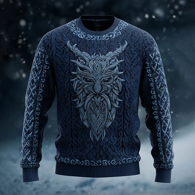 Men's Vintage Viking Odin Pattern Knit Crew Neck Sweater