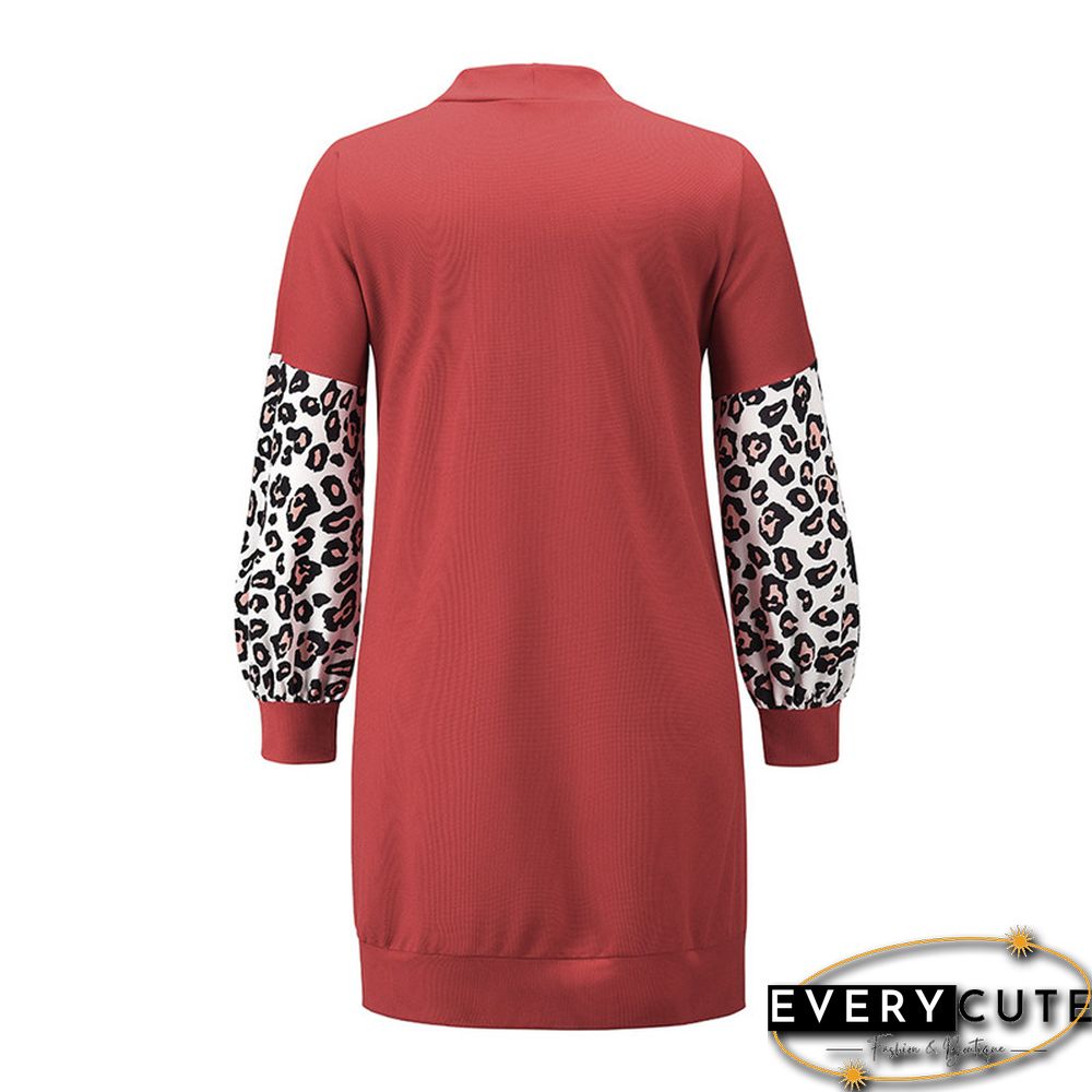 Red Splice Leopard Long Sleeve Pocketed Cardigan