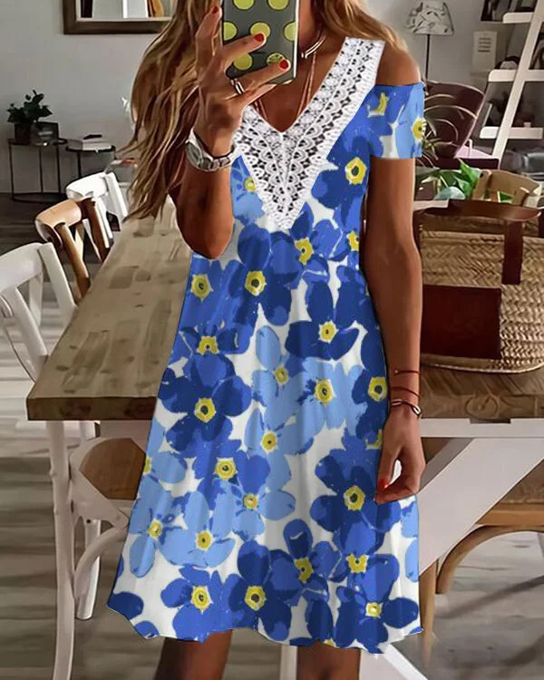 Sexy V-Neck Loose Printed Lace Off-the-Shoulder Dress