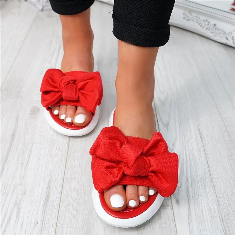 Women Sandals Slip On Sliders Peep Toe Ladies Bow Flats Casual Comfort Shoes Female 2019 Sandals Shoes Plus Size