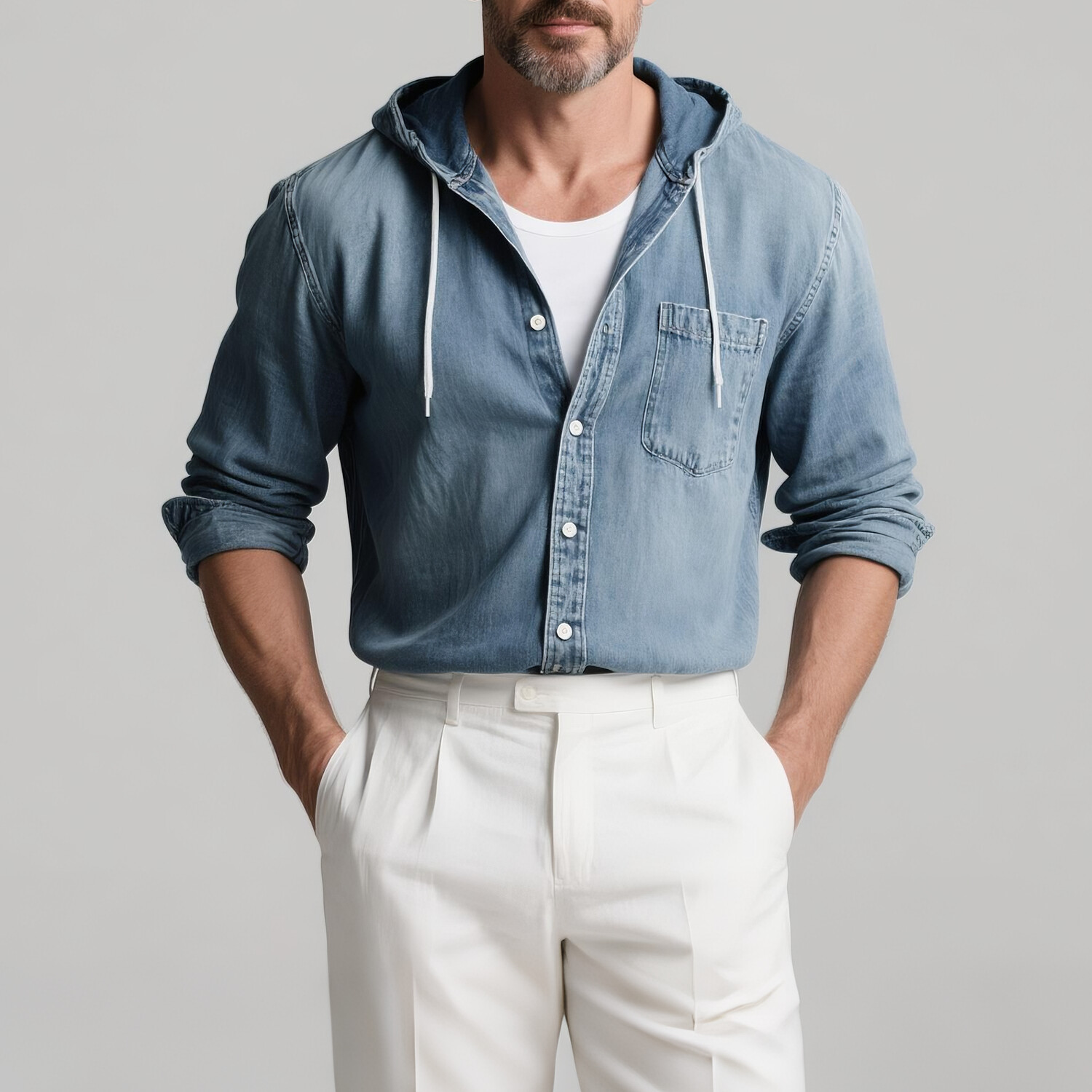 Men's Long Sleeve Button Chest Pocket Drawstring Hooded Denim Shirt