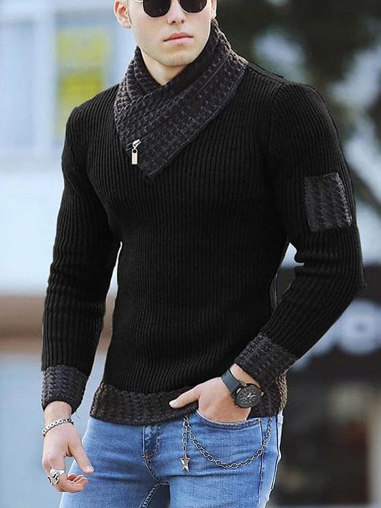 Men's Casual Slim Knit Pullover Long Sleeve Scarf Neck Sweater-mysite