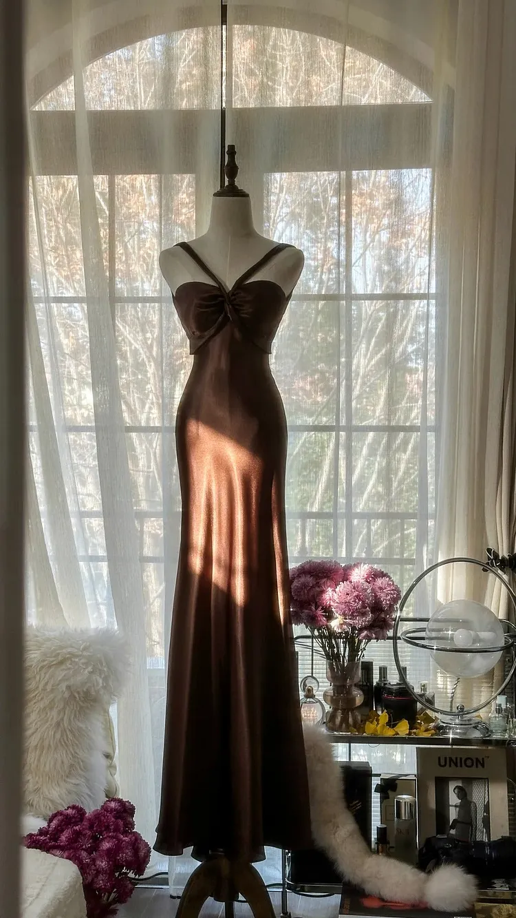 Brown Vintage Chocolate Strapless V-Neck Long Mermaid Slim Satin Ball Gown Evening Dress Birthday Party Dress Prom Dress Wedding Dress