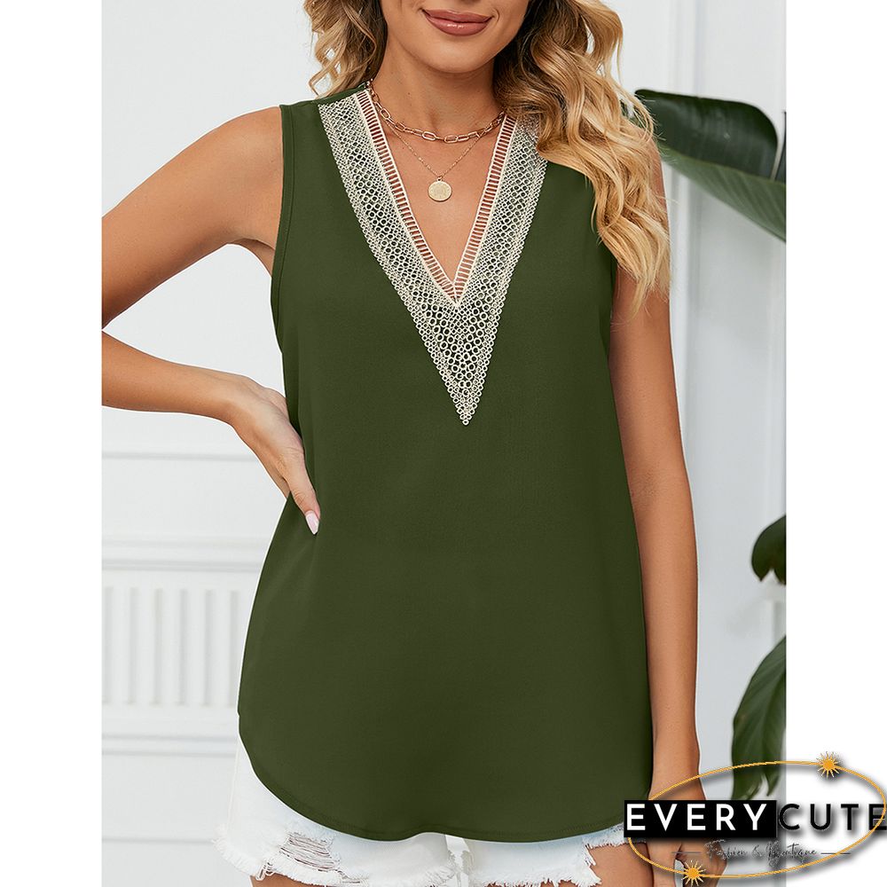 Army Green Lace Trim Sleeveless V Neck Tank Top