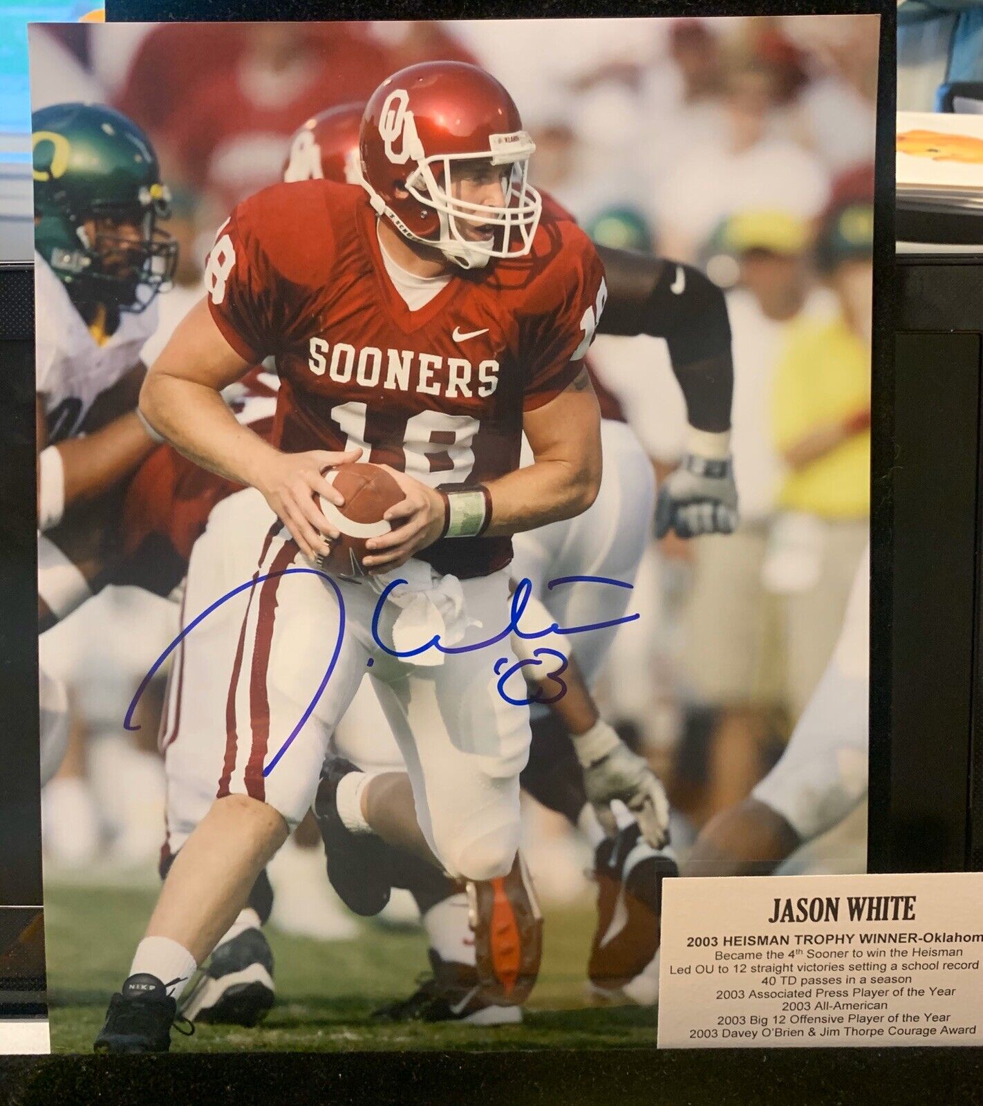 JASON WHITE SIGNED OKLAHOMA 8X10 Photo Poster painting #1 2003 HEISMAN