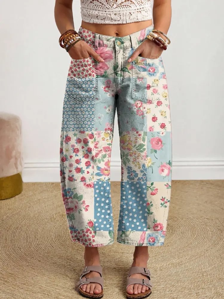 Women's Bohemian Style Floral Patchwork Art Print Denim Jeans