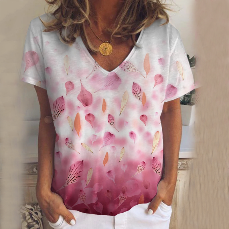 Leaves Print Gradient V-Neck T-Shirt