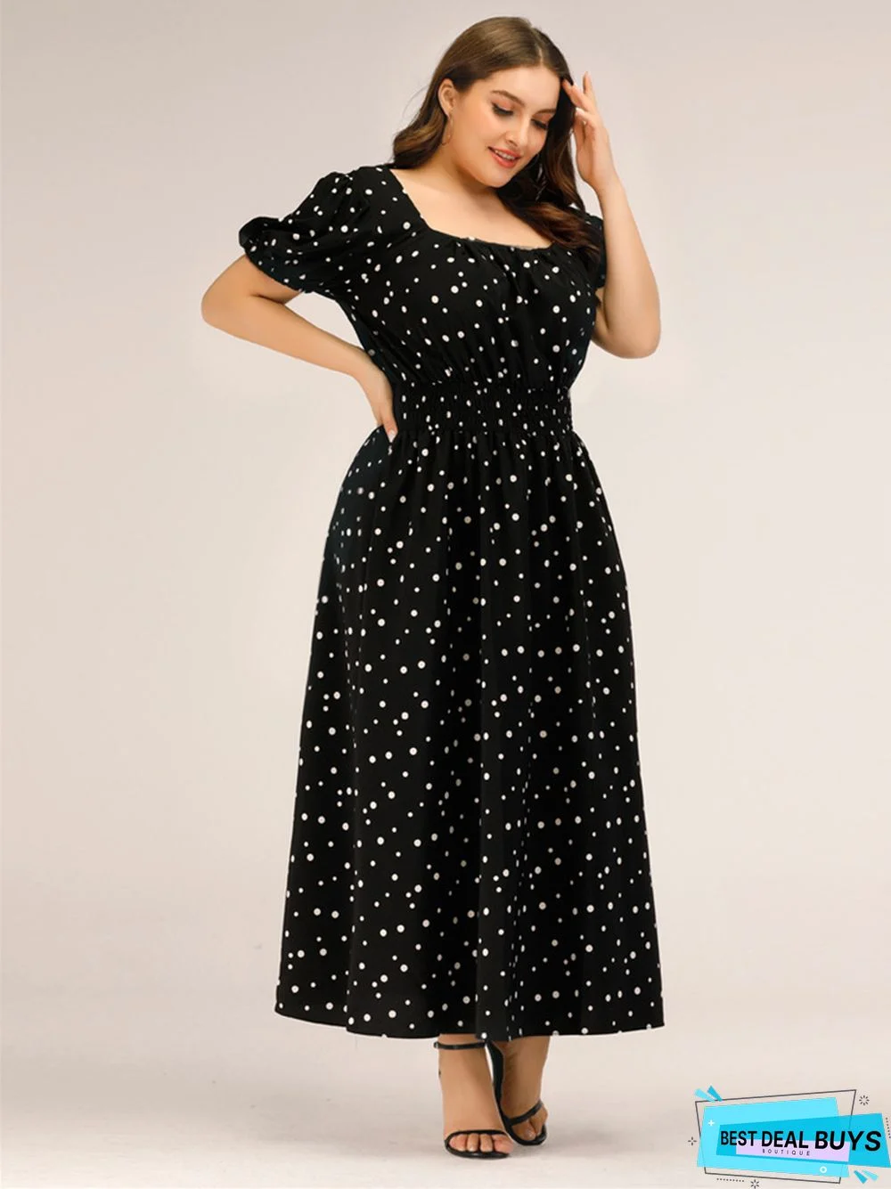 Square-Necked Bubble Sleeves Long Polka-Dot Dress