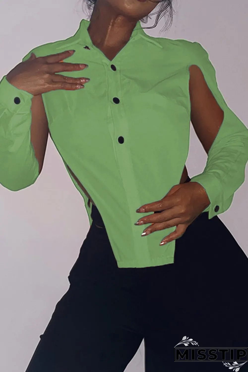 Grey Sexy Solid Hollowed Out Turndown Collar Tops