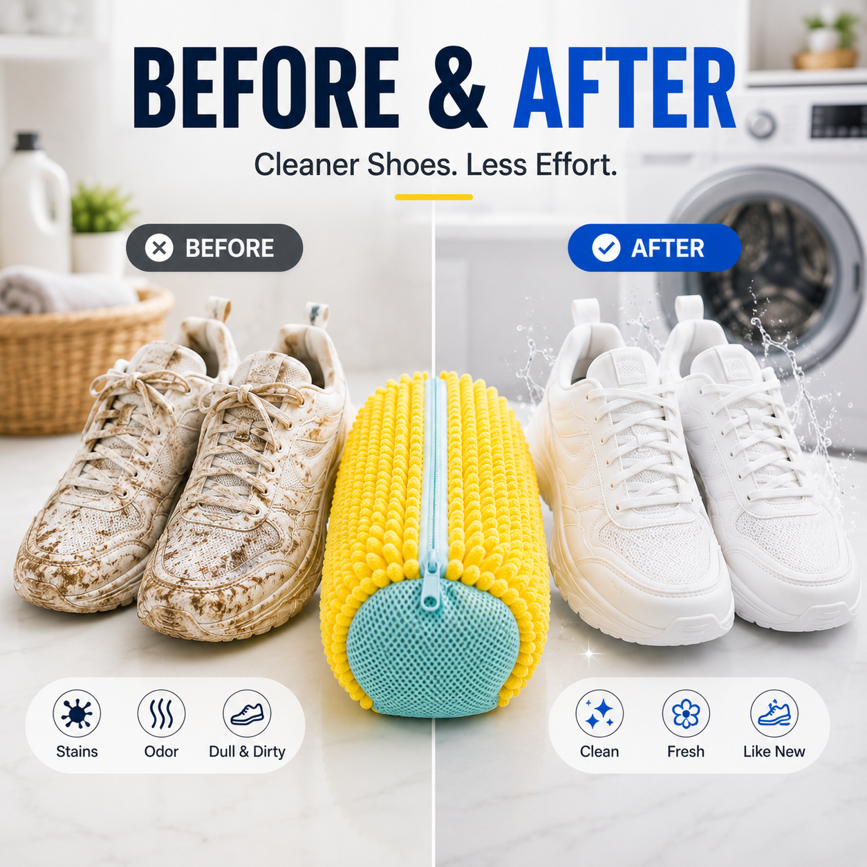 Shoe washing bag before and after cleaning