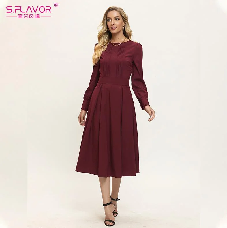 Jangj S.FLAVOR 2022 Autumn Women Red Pleated A-line Dresses Elegant O-neck Long Sleeve Retro Slim MIdi Vestidos Female Vintage Dress