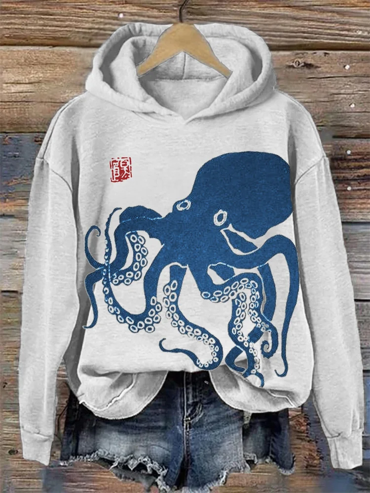Octopus Japanese Lino Art Cozy Hoodie