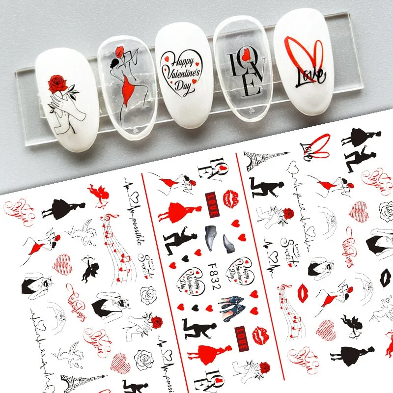 1PC Valentine's Day 3D Nail Stickers Heart Love Self-Adhesive Slider Letters Nail Art Decorations Decals Manicure Accessories-Nail Inspo