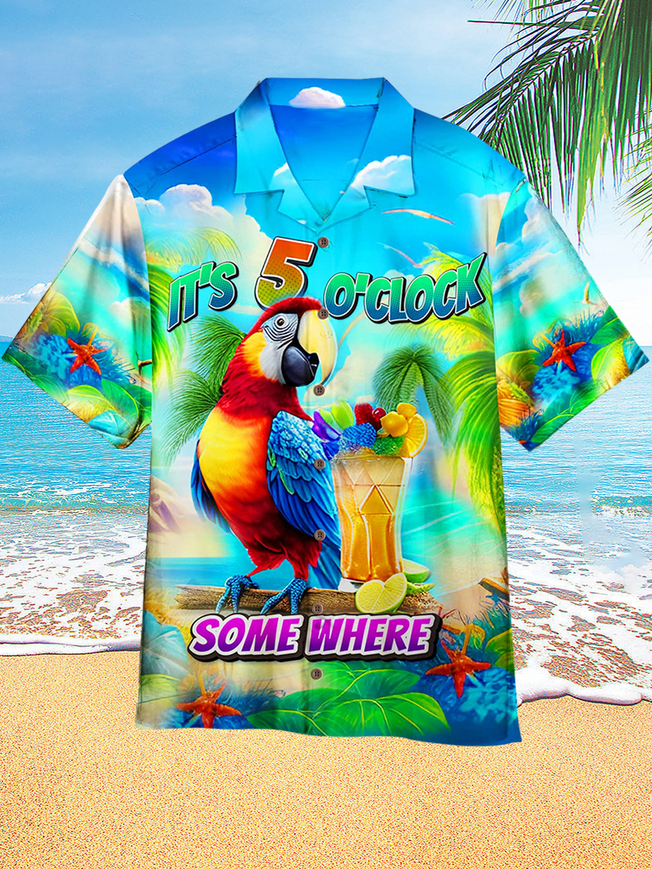 Fun Parrot Hawaiian Vacation Print Short Sleeve Shirt PLUSCLOTHESMAN