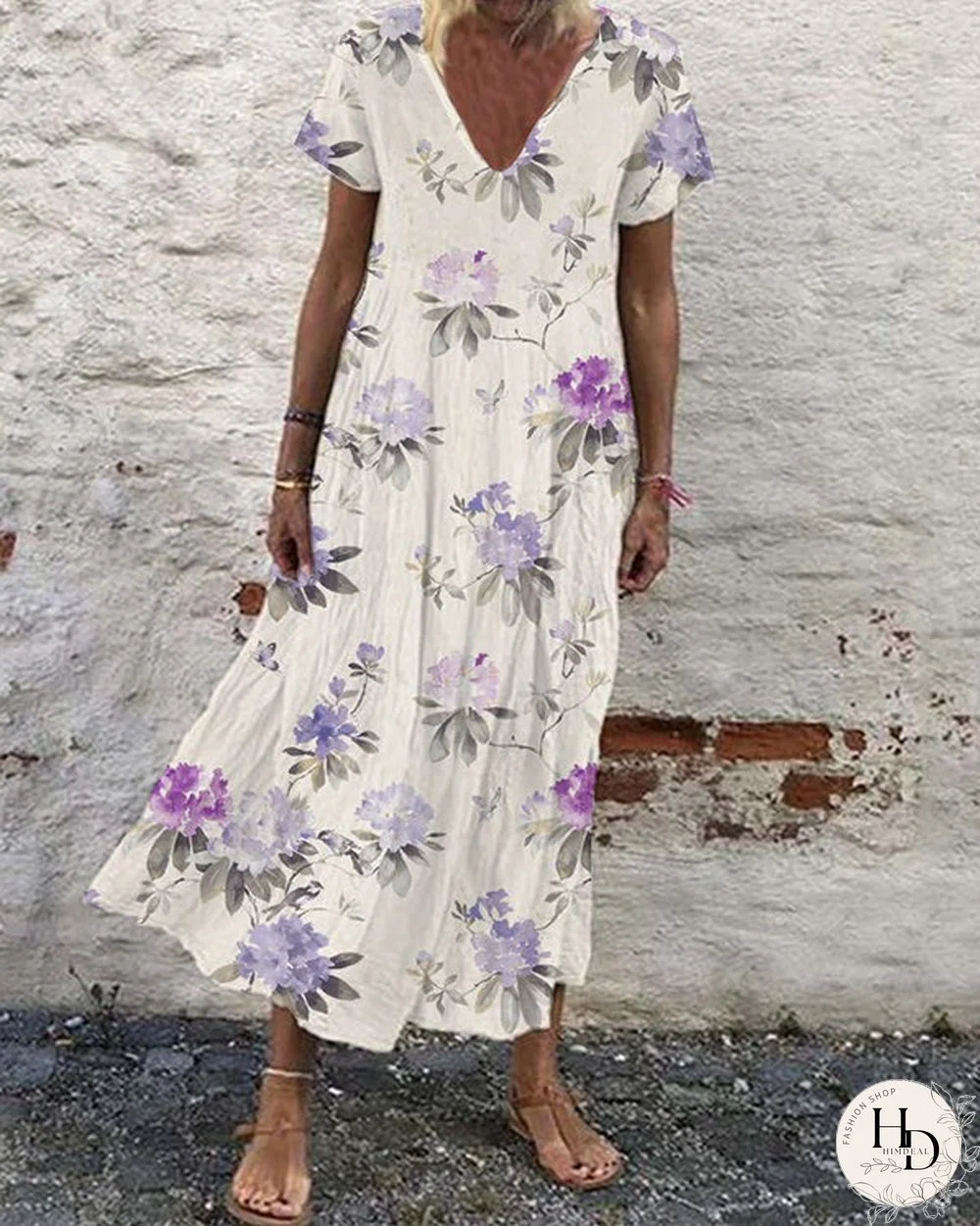 Casual Vintage Print Loose V-Neck Short Sleeve Maxi Dress