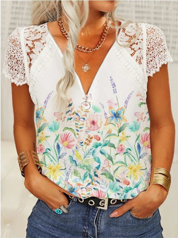 Women Long Sleeve V-neck Graphic Floral Printed Top