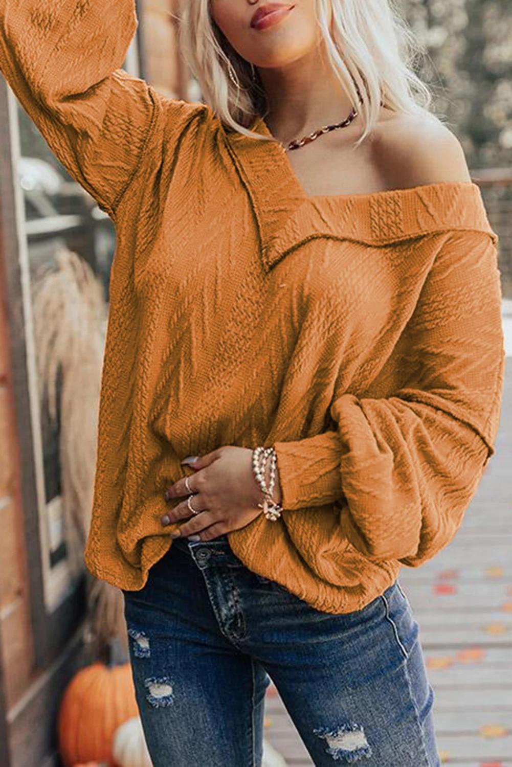 Orange Textured V Neck Long Sleeve Knit Top | IFYHOME