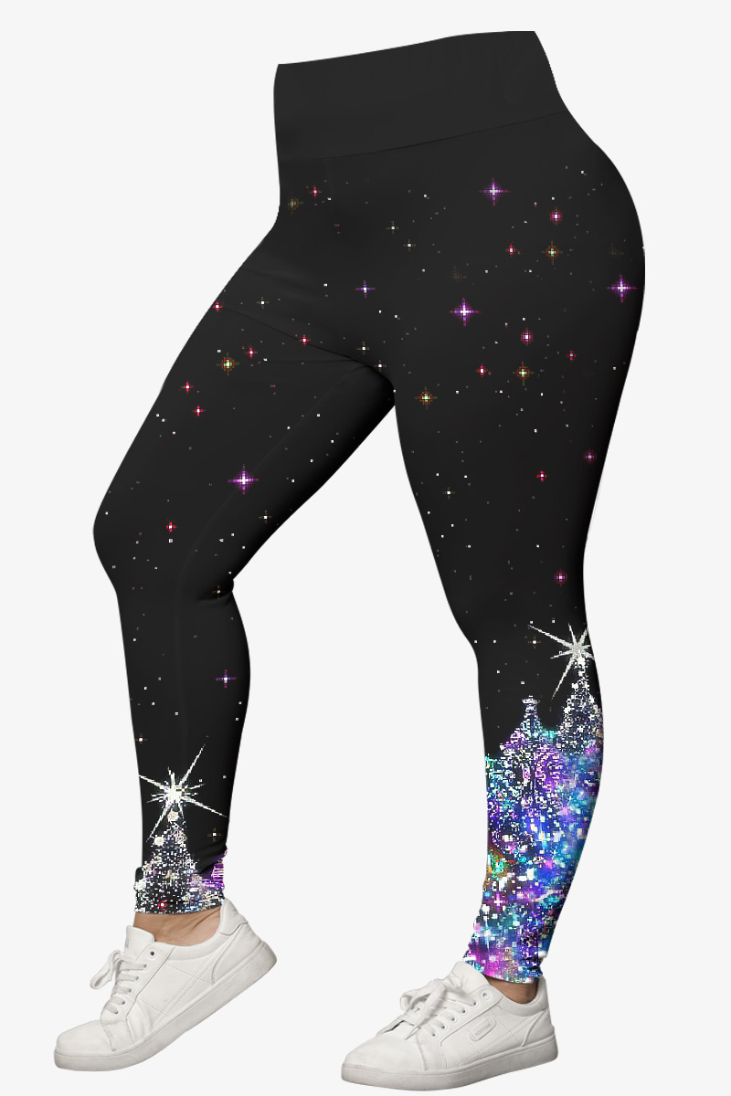 Flycurvy Plus Size Casual Black Ombre Rhinestone Star Print Legging 2024 - Flycurvy 