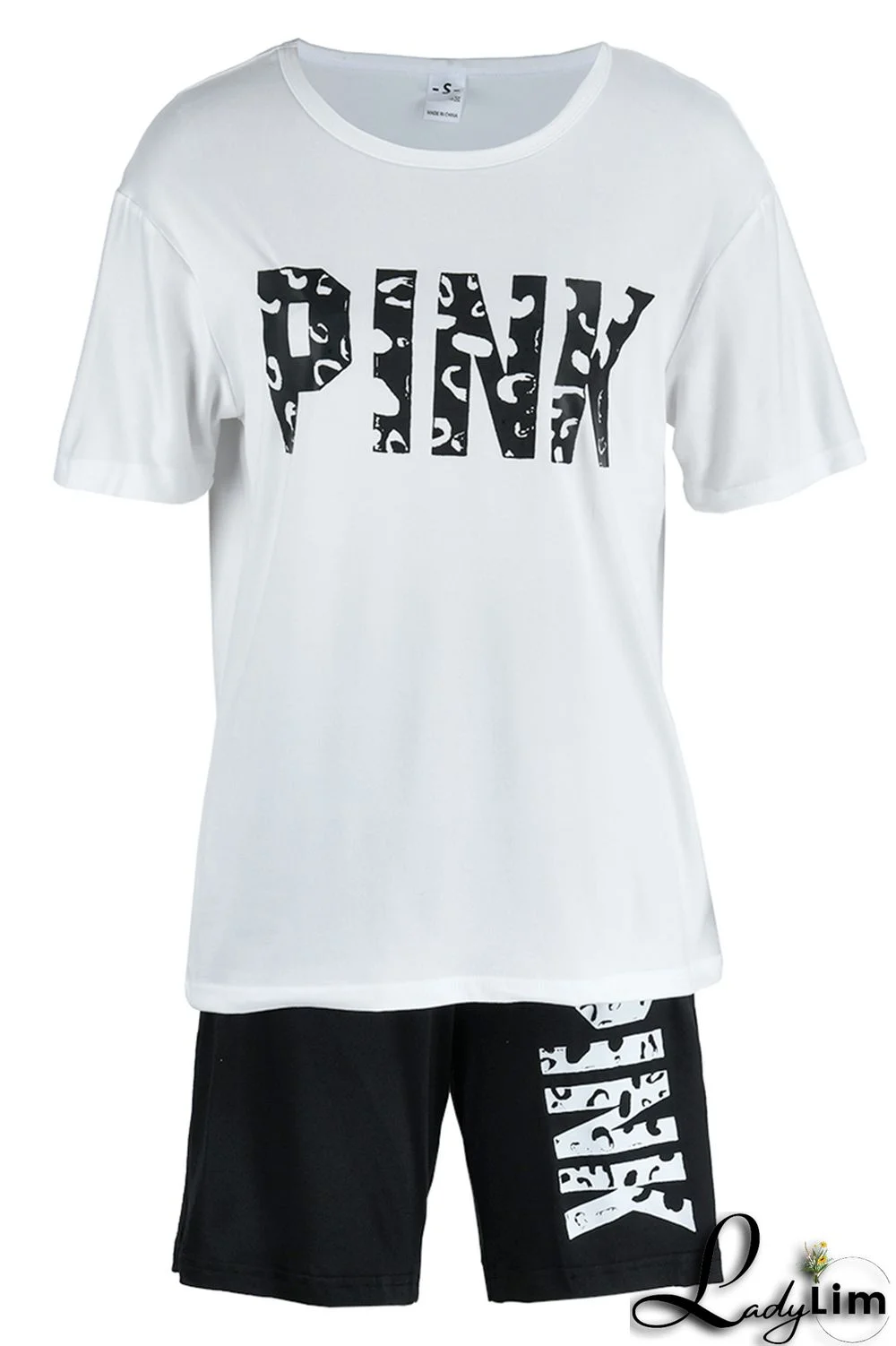 Rose Red Fashion Casual Letter Print Patchwork O Neck Short Sleeve Plus Size Two Pieces