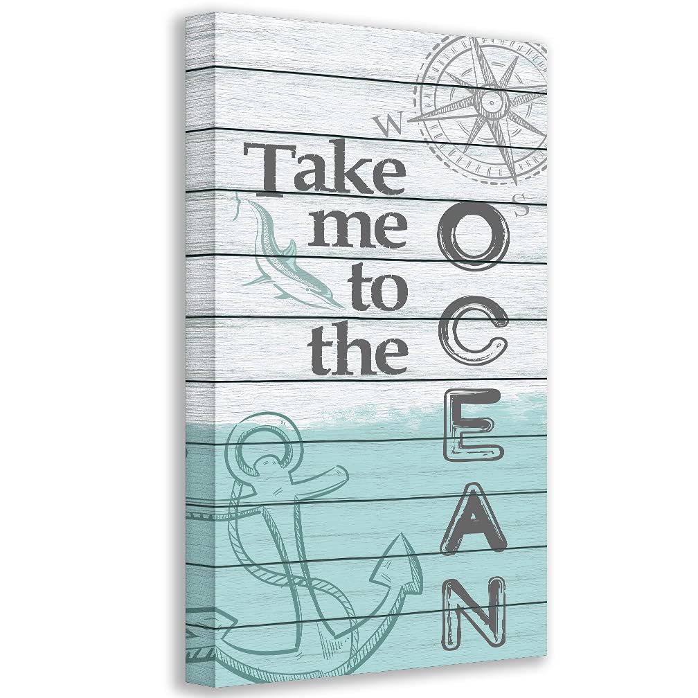 Take Me To The Ocean - Modern Beach House and Coastal Decor, Beach Themed and Housewarming Gift, Sailboat and Surfing Wall Display, Anchor and Compass Wood Style Vertical Stretched Canvas Art 18x36 18&#034; x 36&#034;