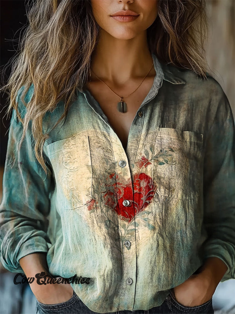 Women&rsquo;s Vintage Art Print Casual Long Sleeve Comfortable Cotton Shirt Multicolor / S