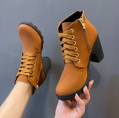 Qengg New Spring Winter Women Pumps Boots High Quality Lace-up European Ladies Shoes PU High Heels Boots Fast Delivery