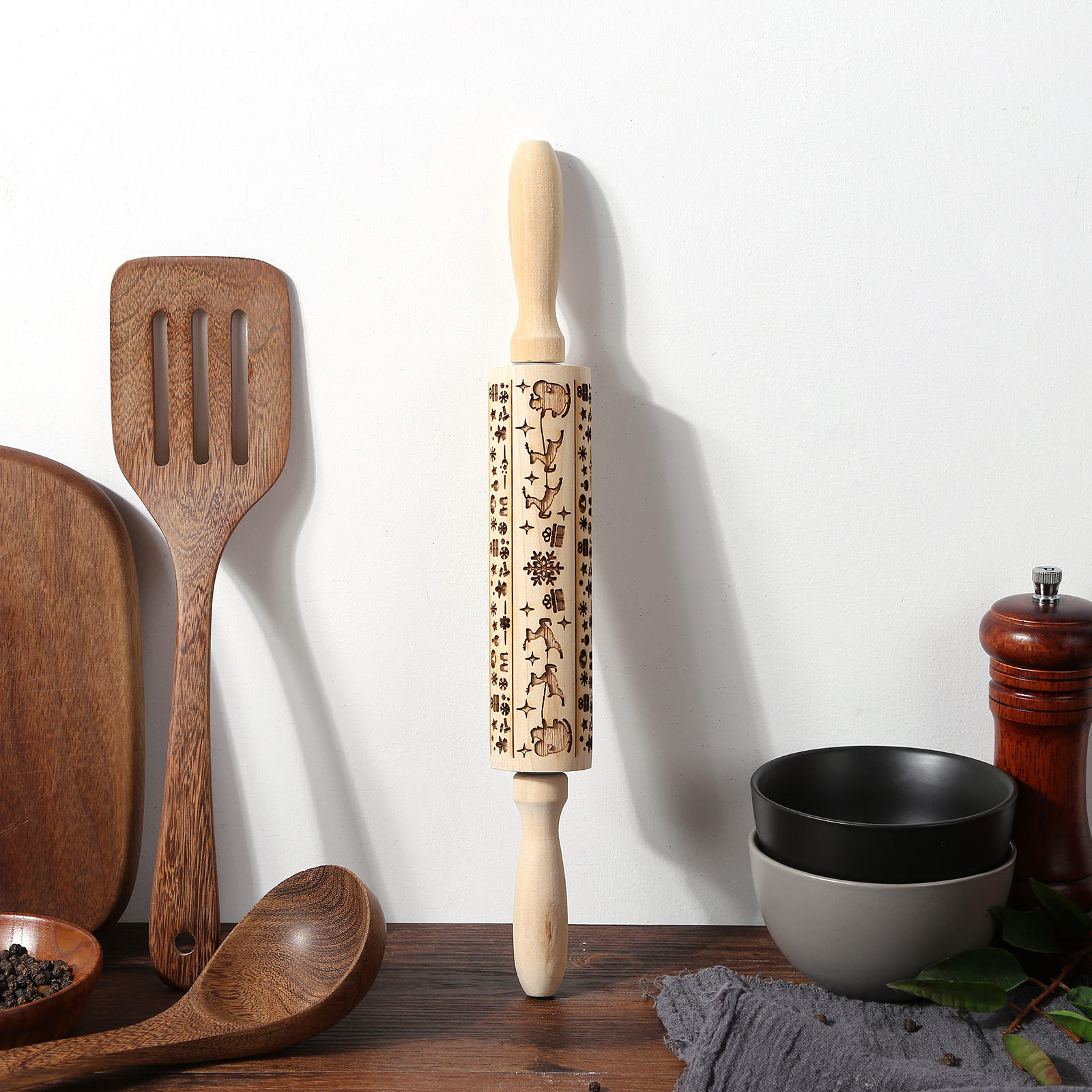 

Christmas Embossed Rolling Pin - 14 inch Wooden Engraved Printing DIY Tools, New 2, 501 Original