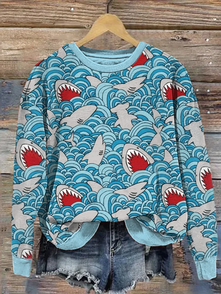 Sharks & Waves Print Casual Cozy Sweatshirt