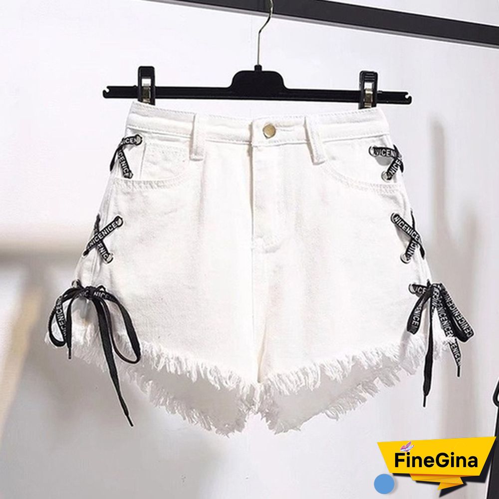 Women Fashion Raw-strap High-waist Denim Shorts with Loose Skinny Plus Size Pants
