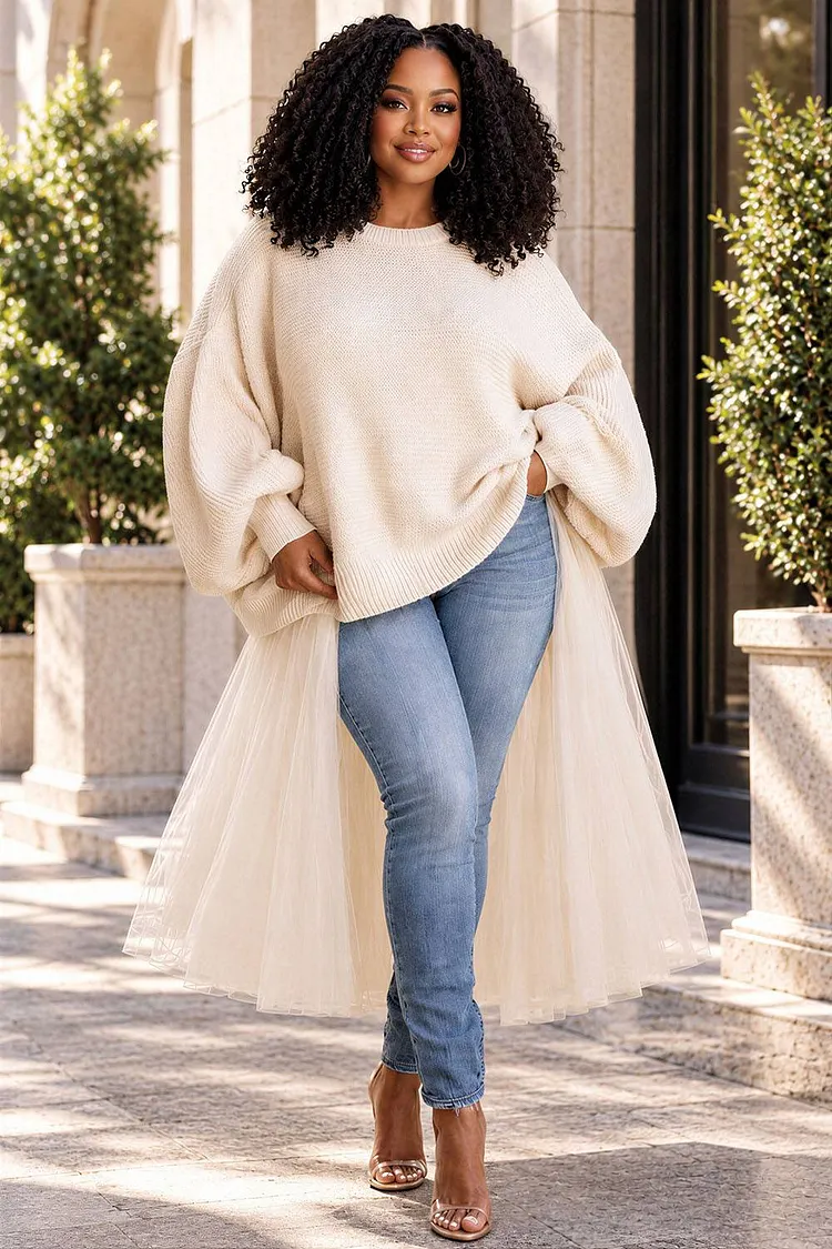 Xpluswear Design Plus Size Daily Beige Round Neck Long Sleeve With&nbsp;Skirt&nbsp;Overlay Rib Knit Sweaters [Pre-Order] 2024 - Xpluswear