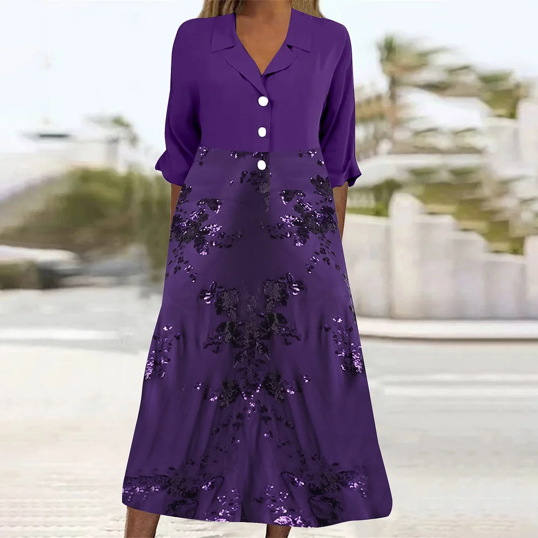 Women Casual Loose Dress with Pockets in Pattern Purple, Glitter