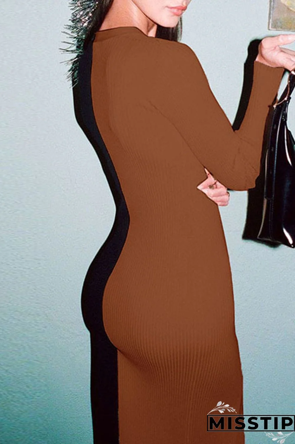 Black Brown Casual Solid Patchwork Buckle V Neck Straight Dresses