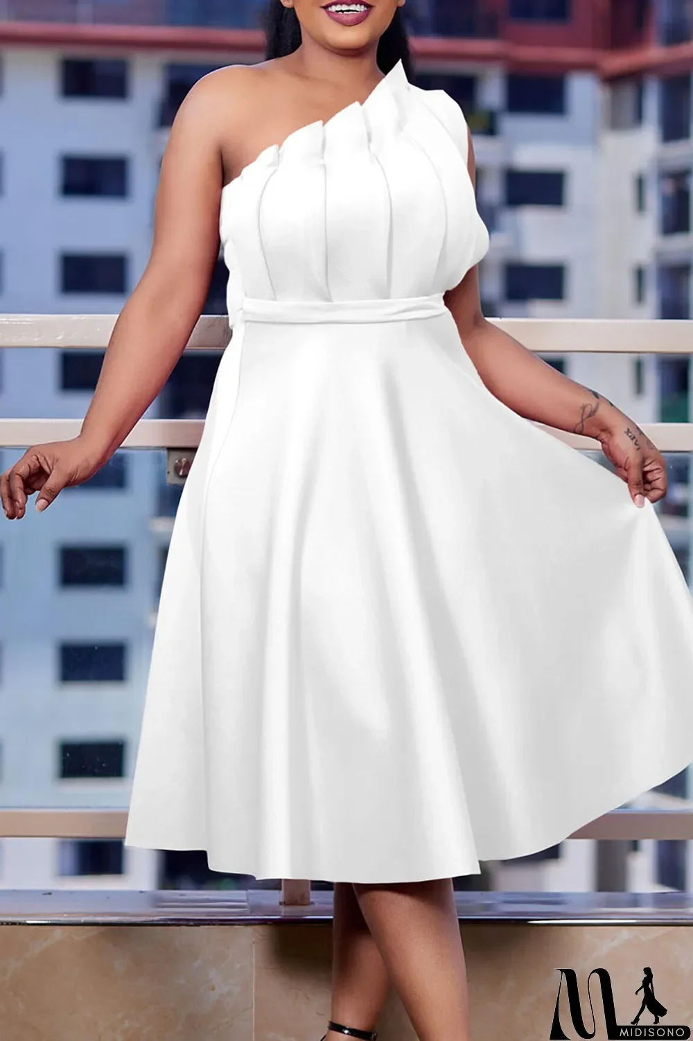 MidiSono - White Elegant Solid Patchwork Fold Oblique Collar Evening Dress Dresses