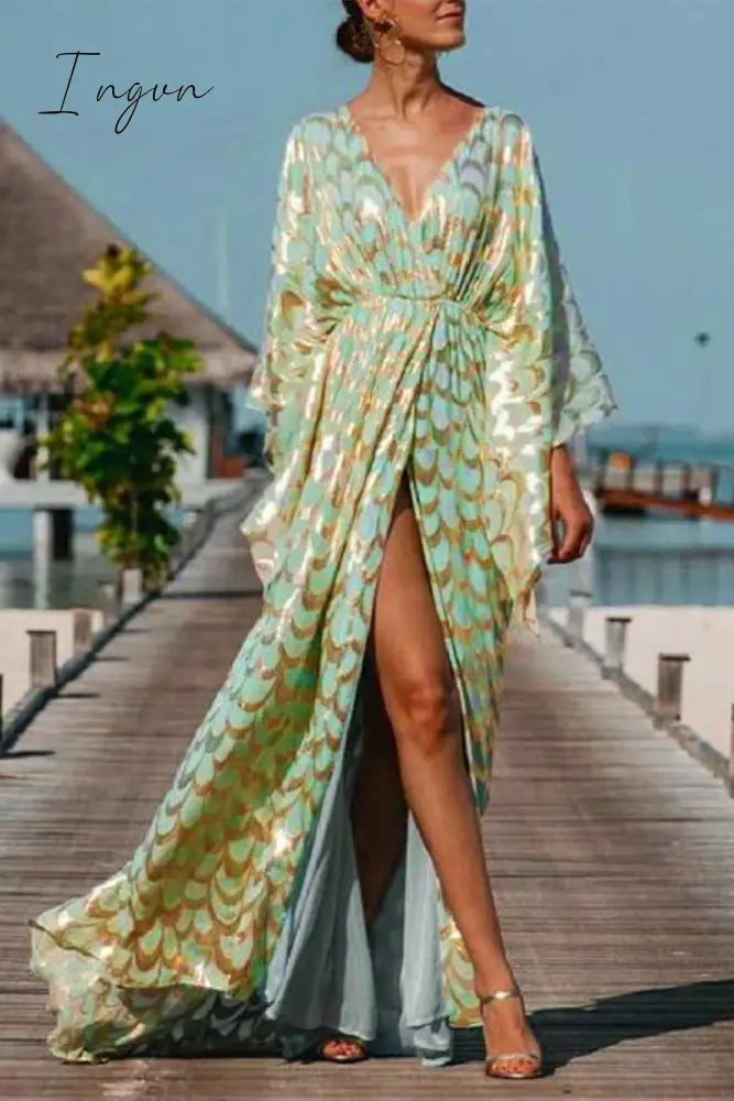 Ingvn - Sexy Elegant Print Printing V Neck Long Dress Dresses Green / S Dresses/Long Sleeve