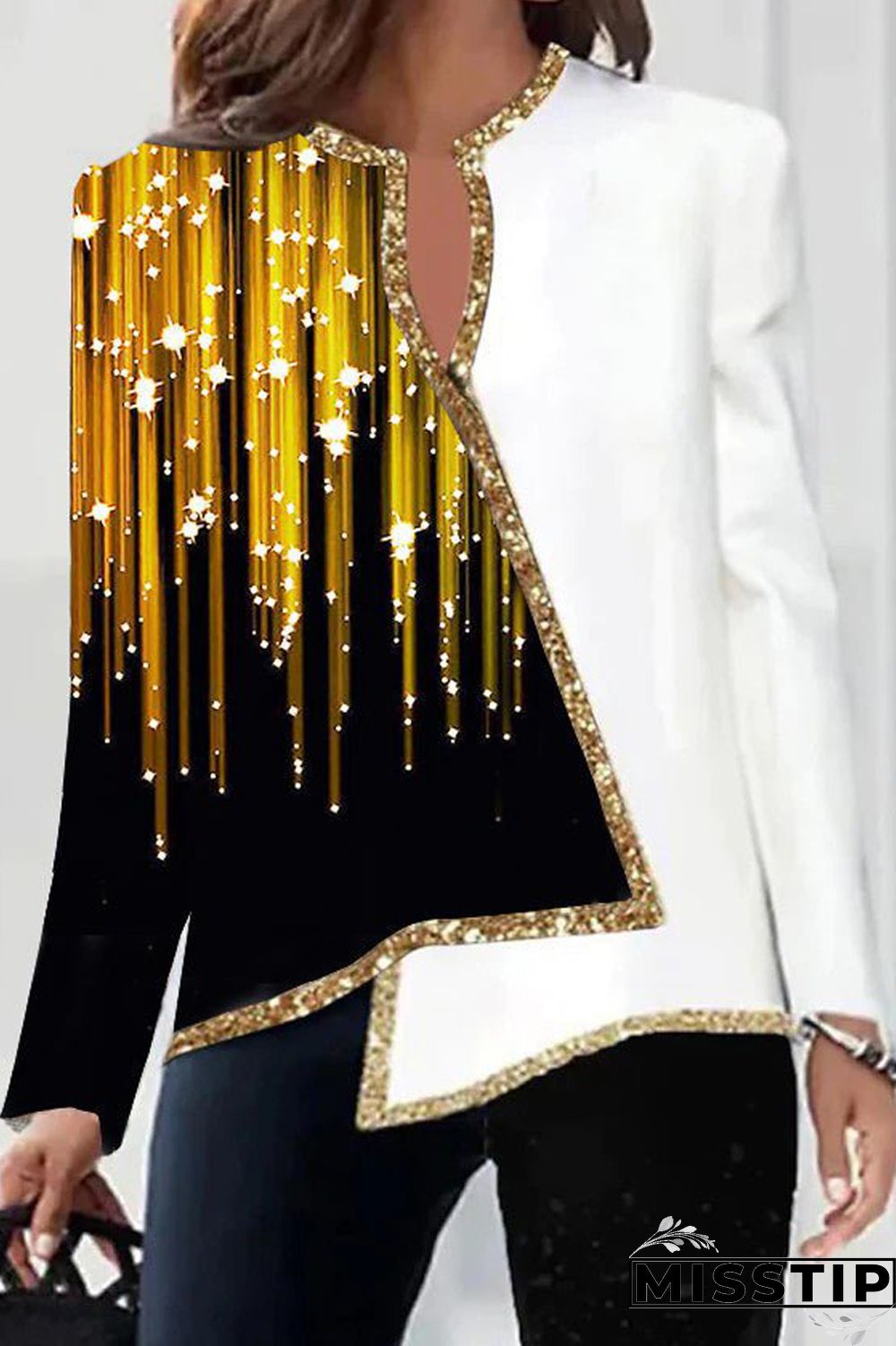 Black Yellow Casual Print Patchwork V Neck Tops