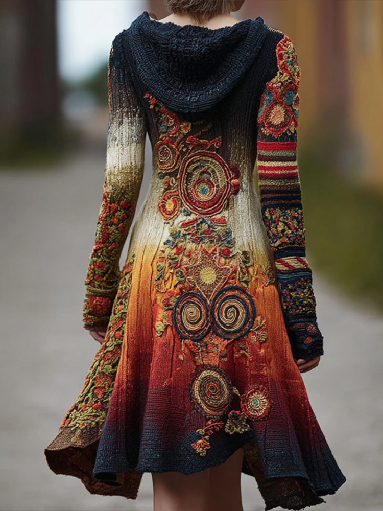 Bohemian Style Autumn And Winter Warm Women's Hooded Knitted Sweater Coat