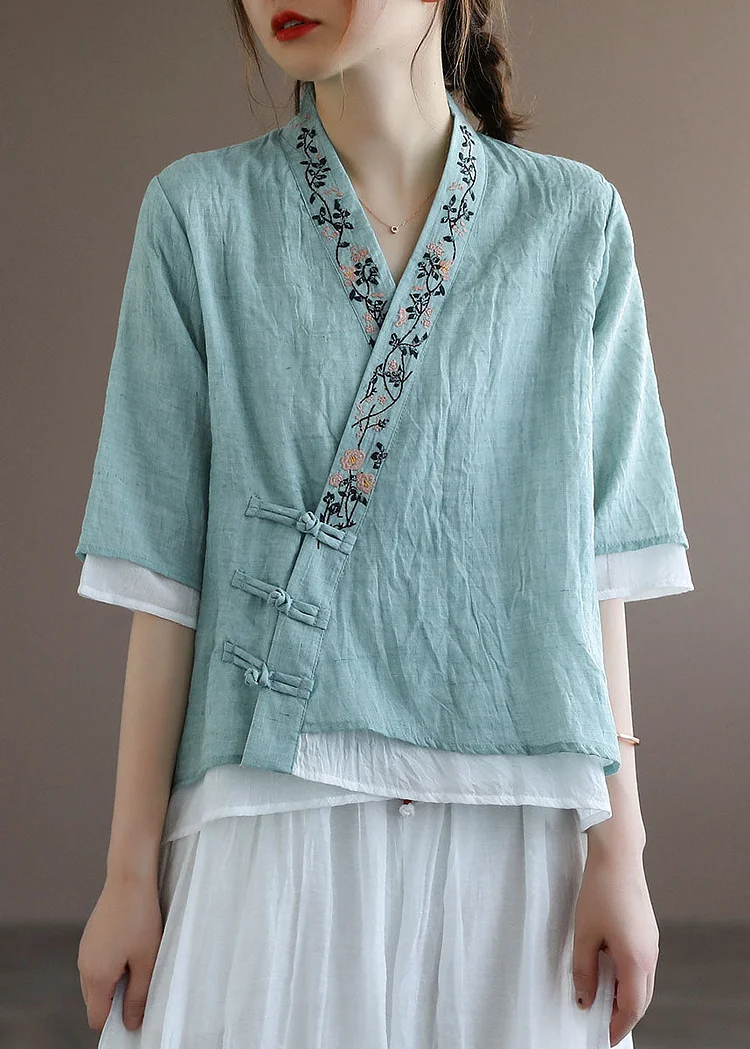 Light Green Fake Two Piece Cotton Shirt Top Embroideried Half Sleeve
