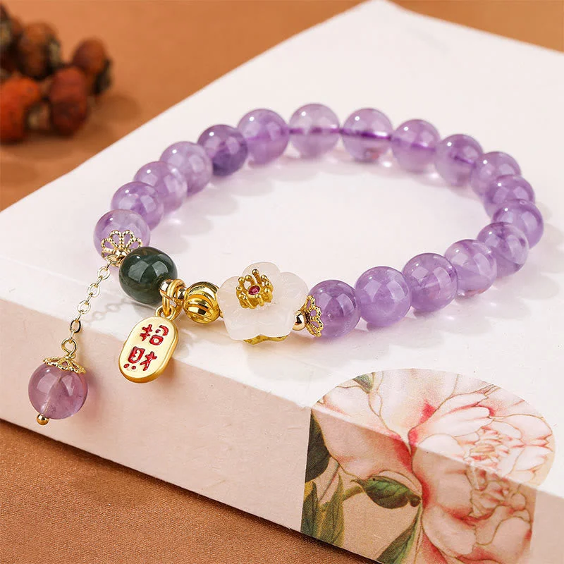 Natural Amethyst Cherry Blossom Healing Fortune Blessing Charm Bracelet