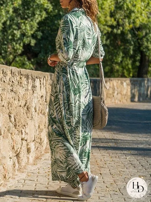 Casual Printed High-waist Lace-up Chiffon Shirt Dress