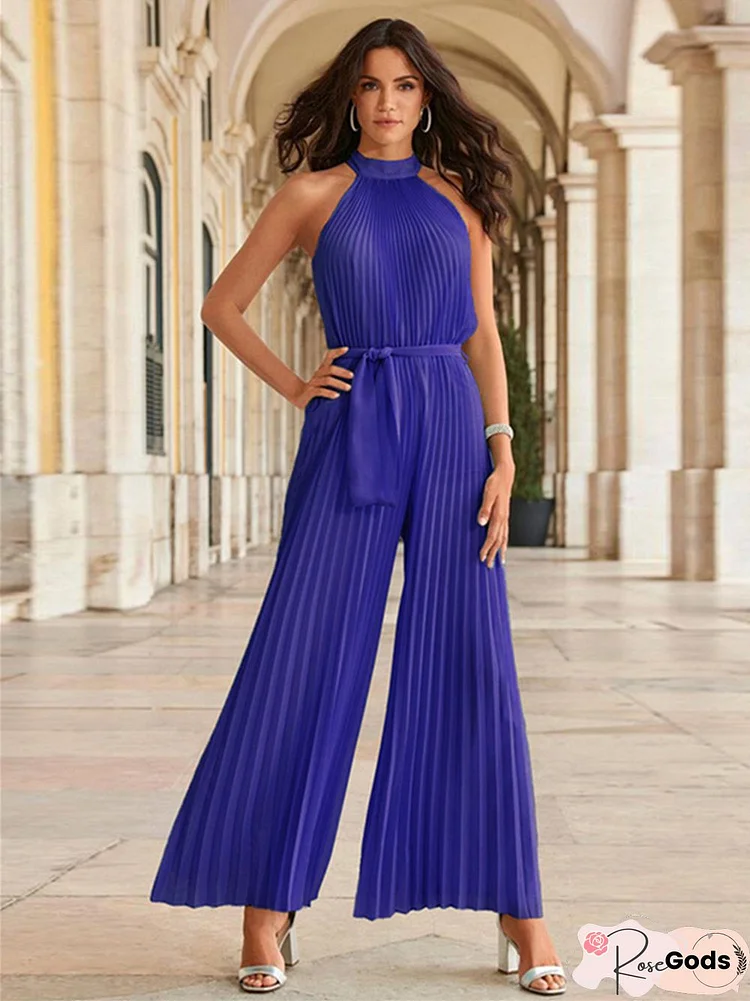 Sexy Halter Sleeveless Pleated Jumpsuit