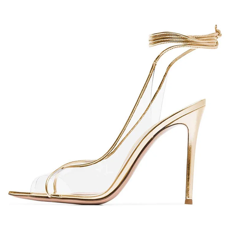 Gold transparent Heels Ankle Strap Stiletto Heel Sandals |FSJ Shoes