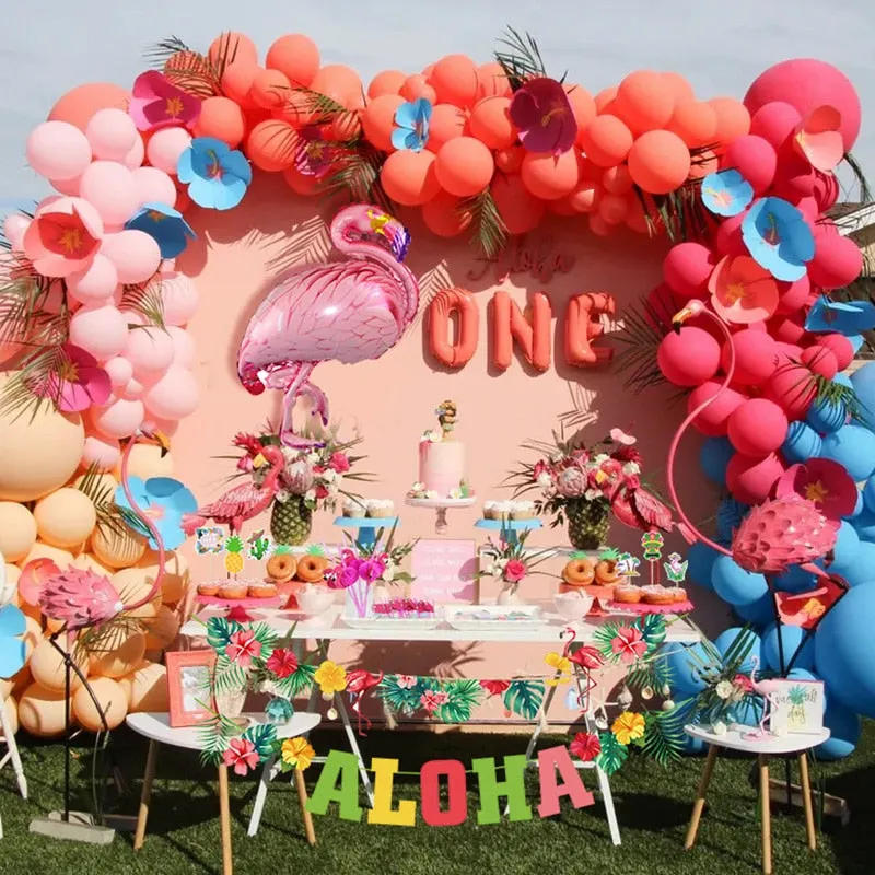 Hawaii Aloha Happy Birthday Banner Flamingo Hawaiian Tropical Party Decor Luau Summer Party Supplies Latex Balloons Cake Toppers