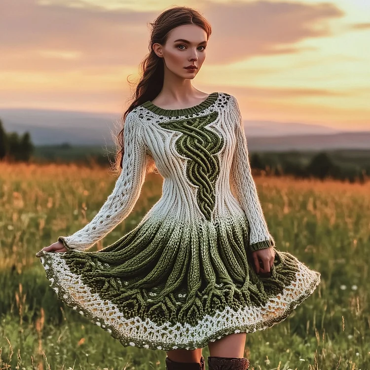 Women's Irish Celtic Knot Gradient Jacquard Knit Sweater Dress